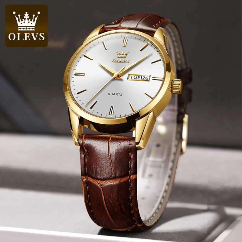 OLEVS 6898 Mens Quartz Watches Brand Luxury Casual Fashion Men's Watch SKU : 6898 WHITE BELT