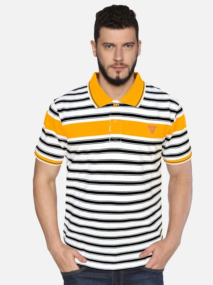 Urgear Striped Men Polo Neck Yellow, White, Black T-shirt