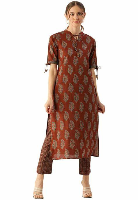 Block Printed Cotton Straight Kurta Set in Brown